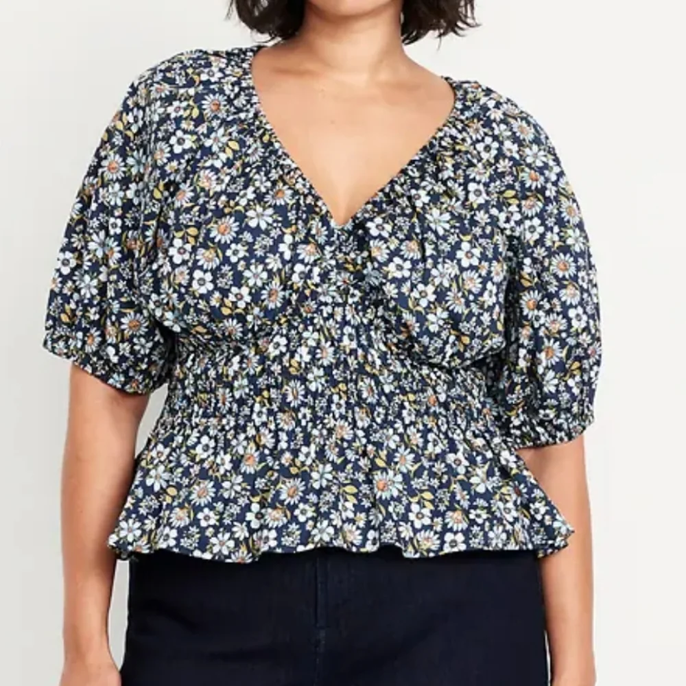 Old‎ Navy Smocked Vneck Peplum Peasant Blue Floral Puff Sleeve Boho SzXL